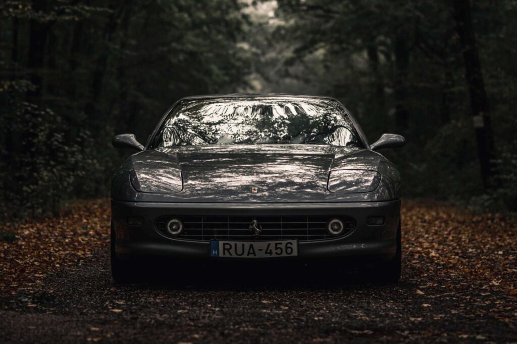 Sötét Ferrari 456 szemből, erdei úton