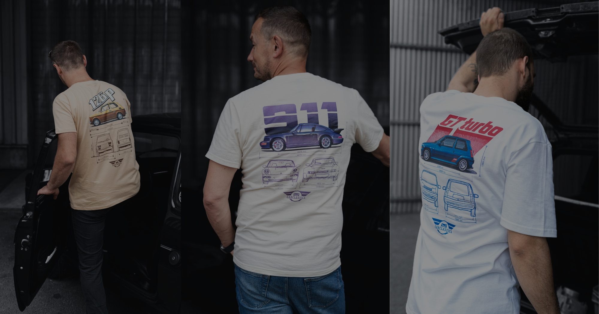 Carclassics pólók Polski Fiat 126p, Porsche 911 és Renault 5 GT Turbo mintával